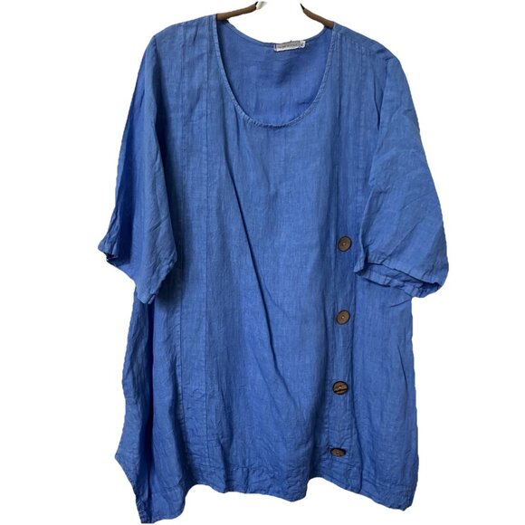 Italian Linen Tunic Top Womens XL Beach Boho Coastal Lagenlook Blue - Picture 1 of 8